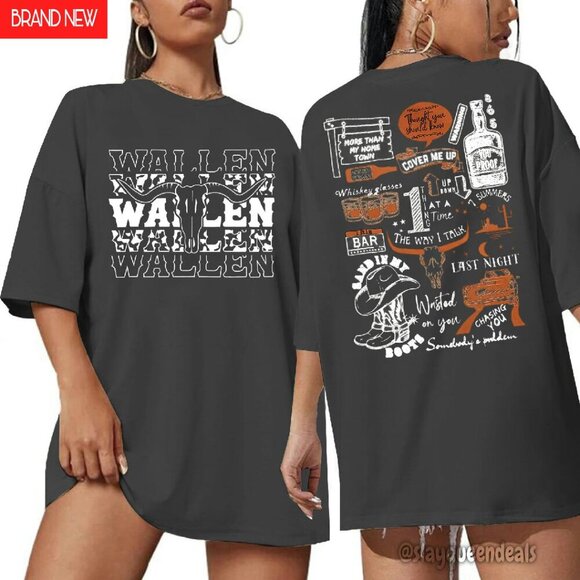 Tops - Oversized Cow Skull Graphic Tee Vintage Western Country Music Shirt